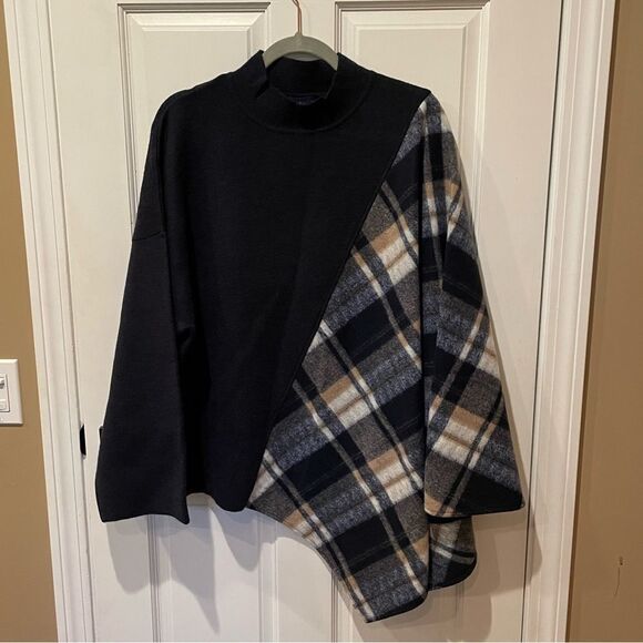 NWT Anthropologie Mixed Plaid Poncho Navy One Size #030 - Picture 3 of 3
